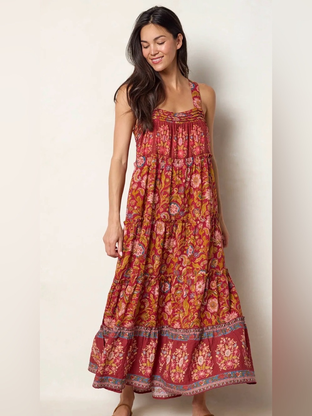 🔘NATURAL LIFE “Kate”  Rust and Pink Floral Tiered Maxi Dress